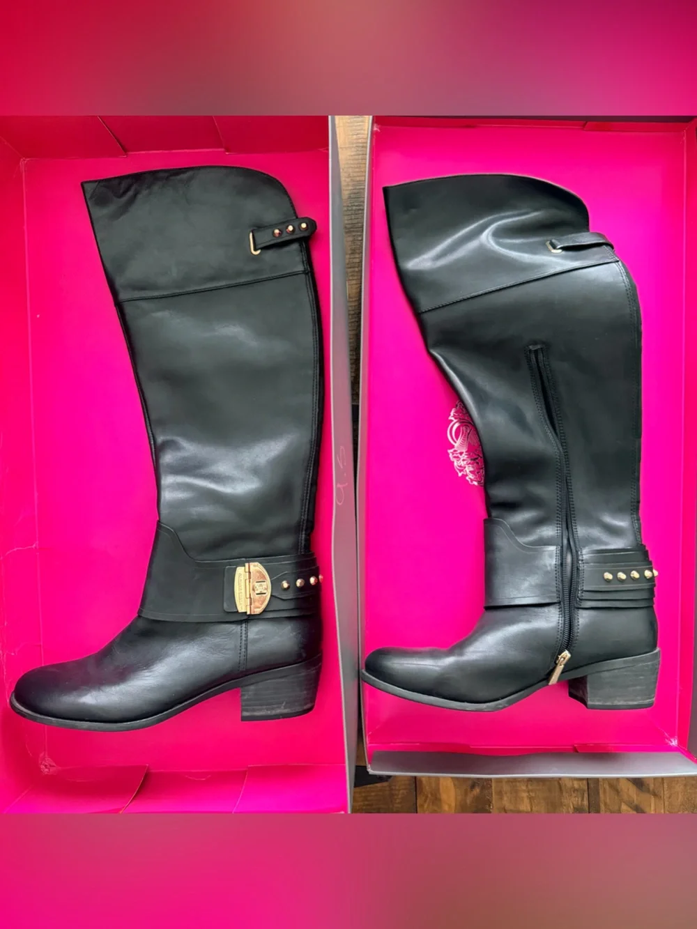 Vince Camuto Beatrix Black Leather Over-the-Knee Boots with Gold Studs & Buckle